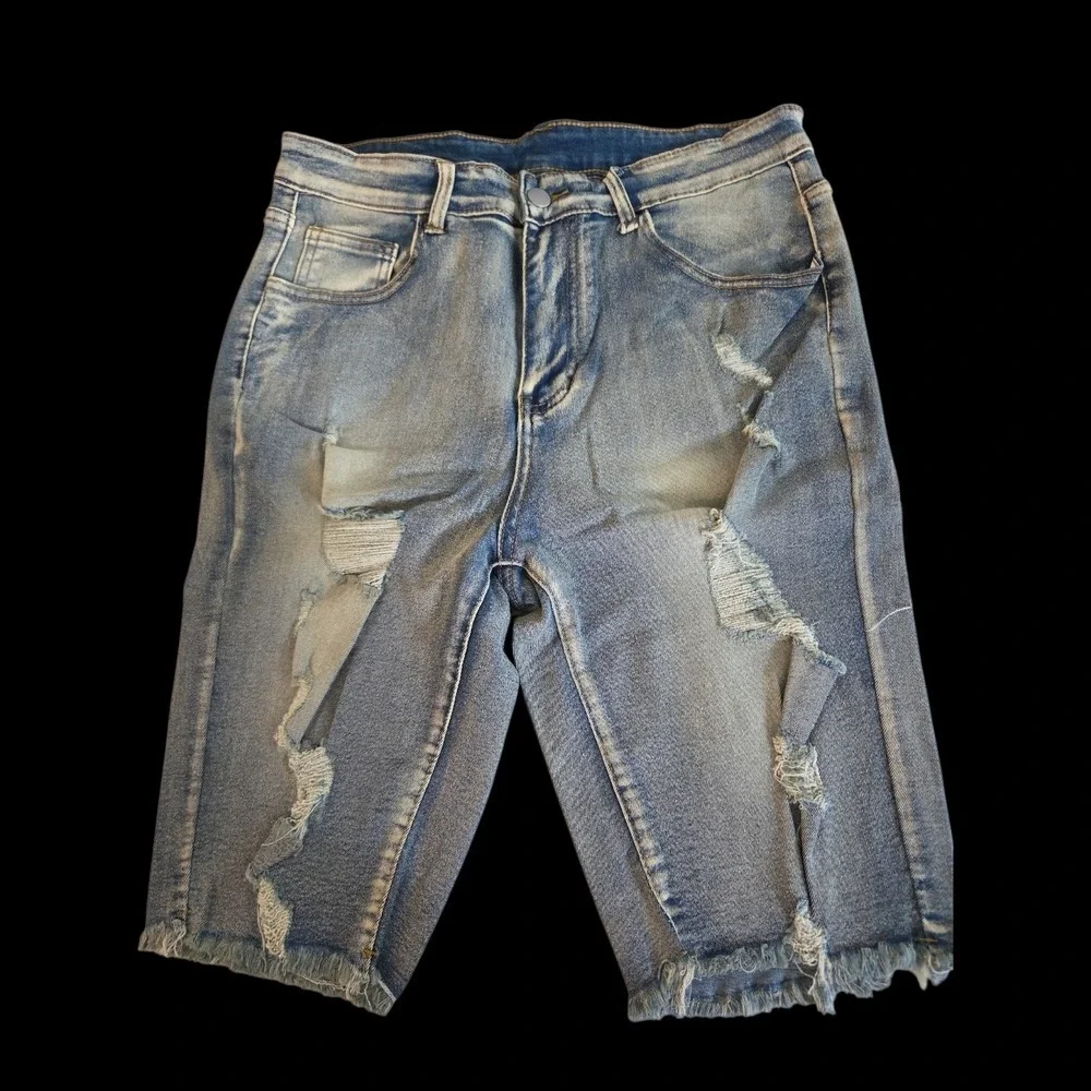 Mens Distressed‎ Denim Shorts Light Blue Wash Frayed Hem Size 30